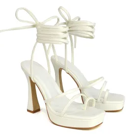 Melrose Toe Post Lace Up Straps Square Toe Platform High Heel in White Synthetic Leather