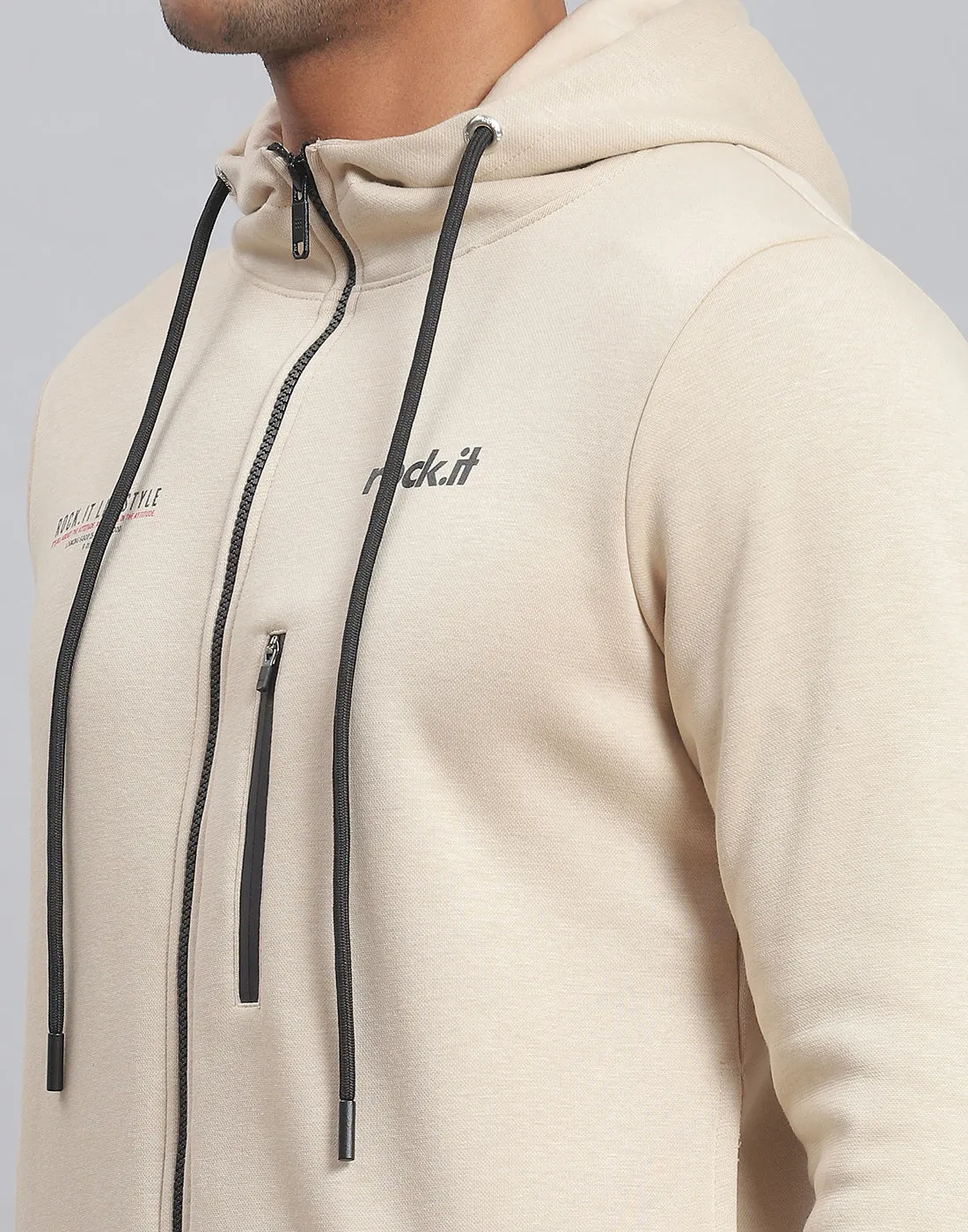 Men Beige Solid Hooded Full Sleeve Tracksuit