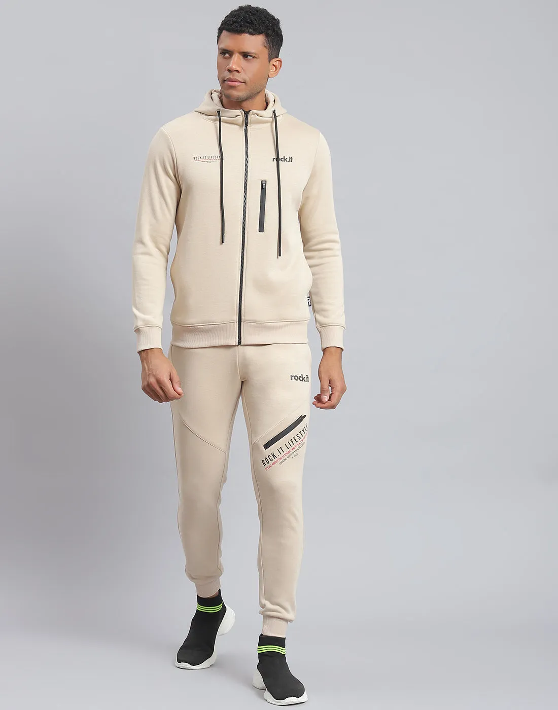 Men Beige Solid Hooded Full Sleeve Tracksuit