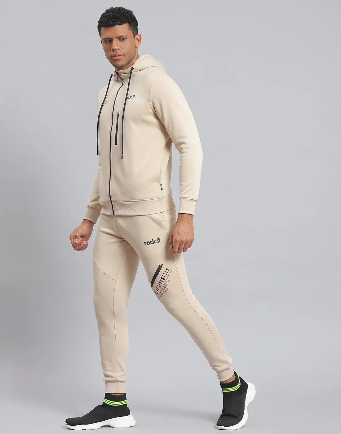 Men Beige Solid Hooded Full Sleeve Tracksuit