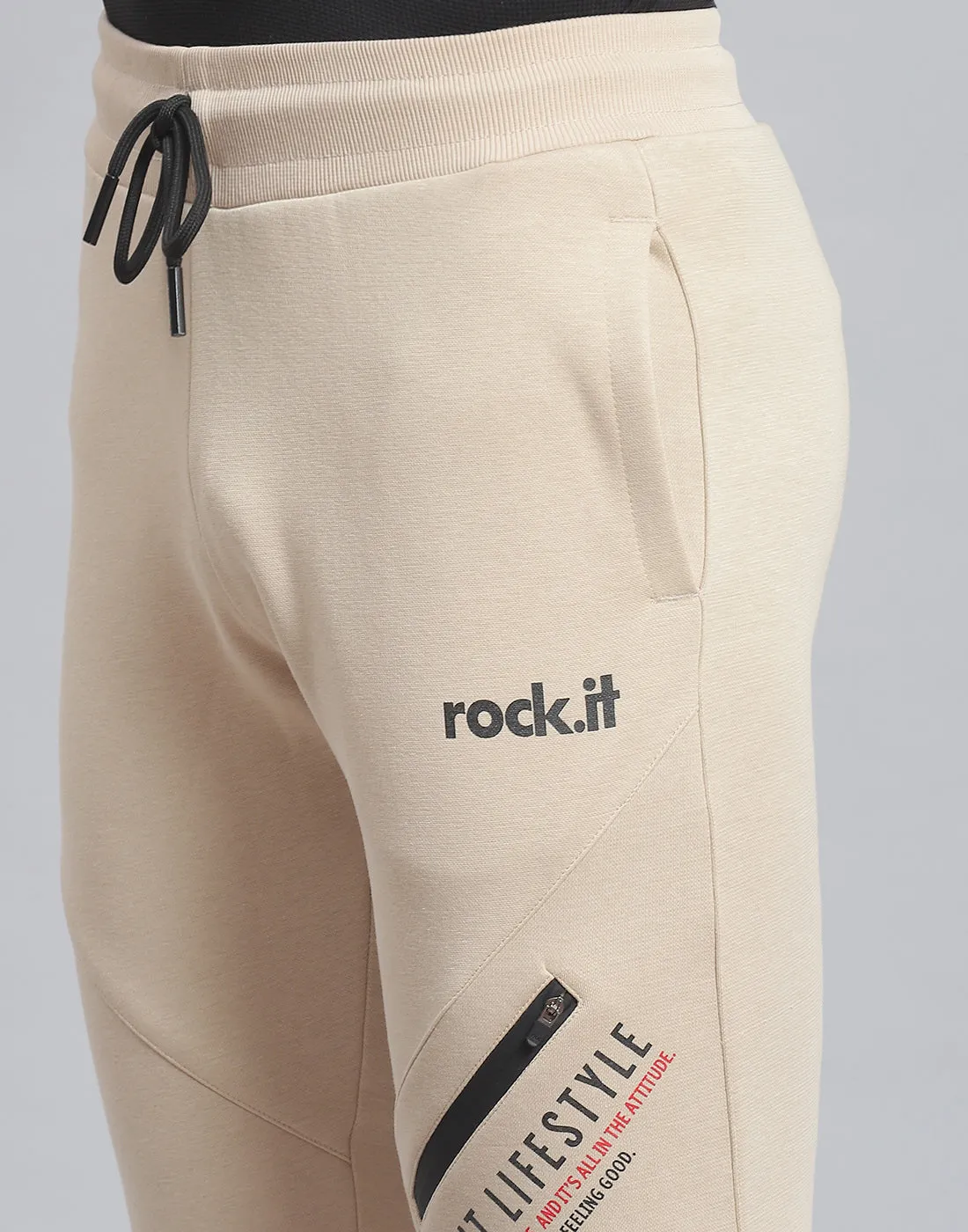 Men Beige Solid Hooded Full Sleeve Tracksuit