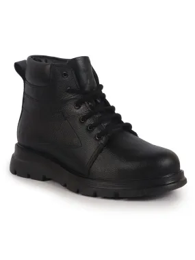 Men Black Genuine Leather Lace Up Ankle Boots|High Ankle Shoes|Featherlite Memory Cushion Boots|Casual and Work Wear