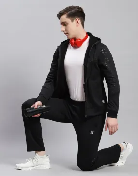 Men Black Printed Hooded Full Sleeve Tracksuit