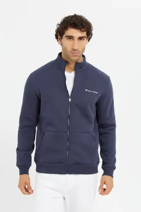 Men Blue Faux Fur Zipper Jacket