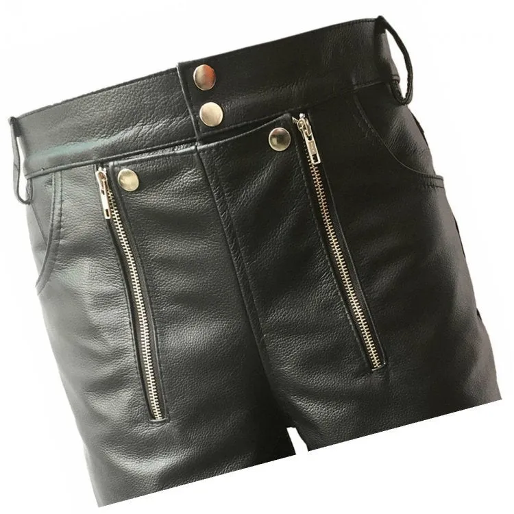 Men Double Zipper Snap Button Front Real Sheepskin Black Leather Shorts