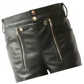 Men Double Zipper Snap Button Front Real Sheepskin Black Leather Shorts