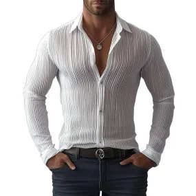 Men Fashion Pleated Slim Fit Lapel Long Sleeve Shirt 62380133Y