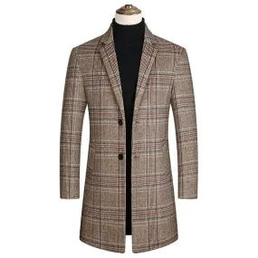 Men Plaid Wool Blends Long Winter Jackets Cashmere Trench Coats High Quality Winter Coats Male Business Casual Wool Trench Coats