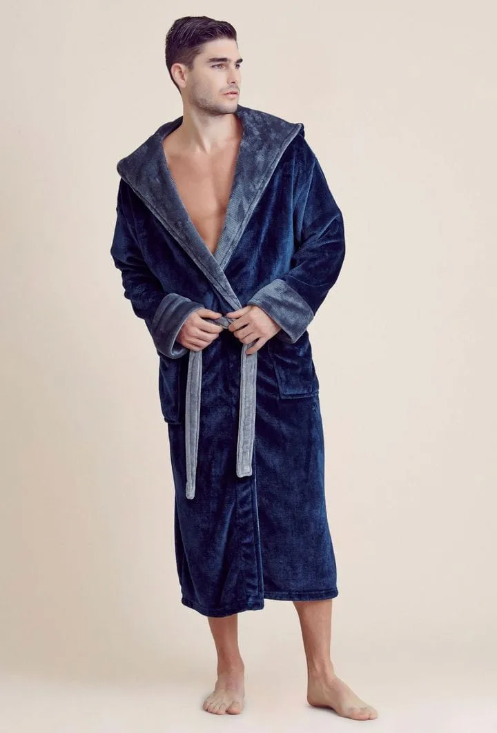 Men Plush Shawl Collar Robe, Fluffy Spa Robes, Winter Warm House & Hotel Robes (Blue & Gray)