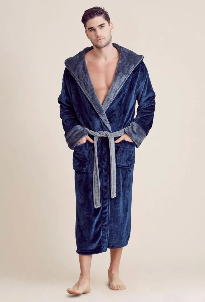 Men Plush Shawl Collar Robe, Fluffy Spa Robes, Winter Warm House & Hotel Robes (Blue & Gray)