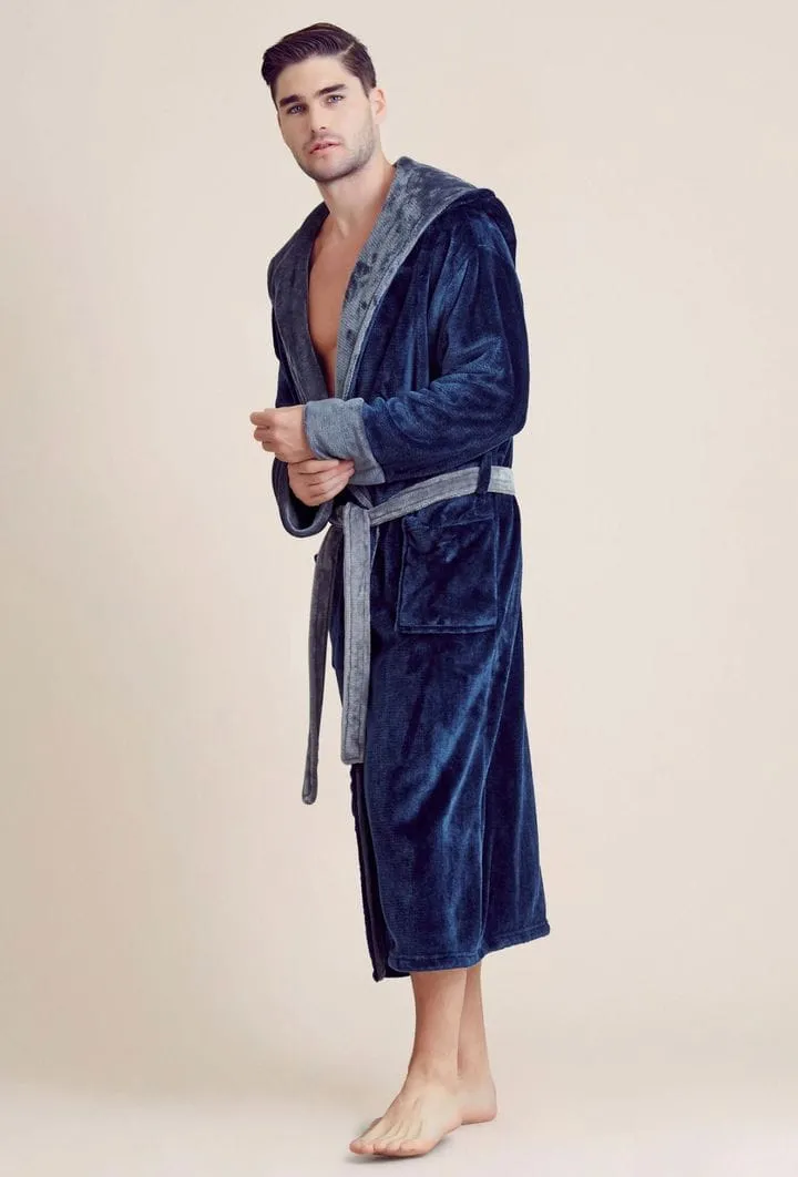 Men Plush Shawl Collar Robe, Fluffy Spa Robes, Winter Warm House & Hotel Robes (Blue & Gray)