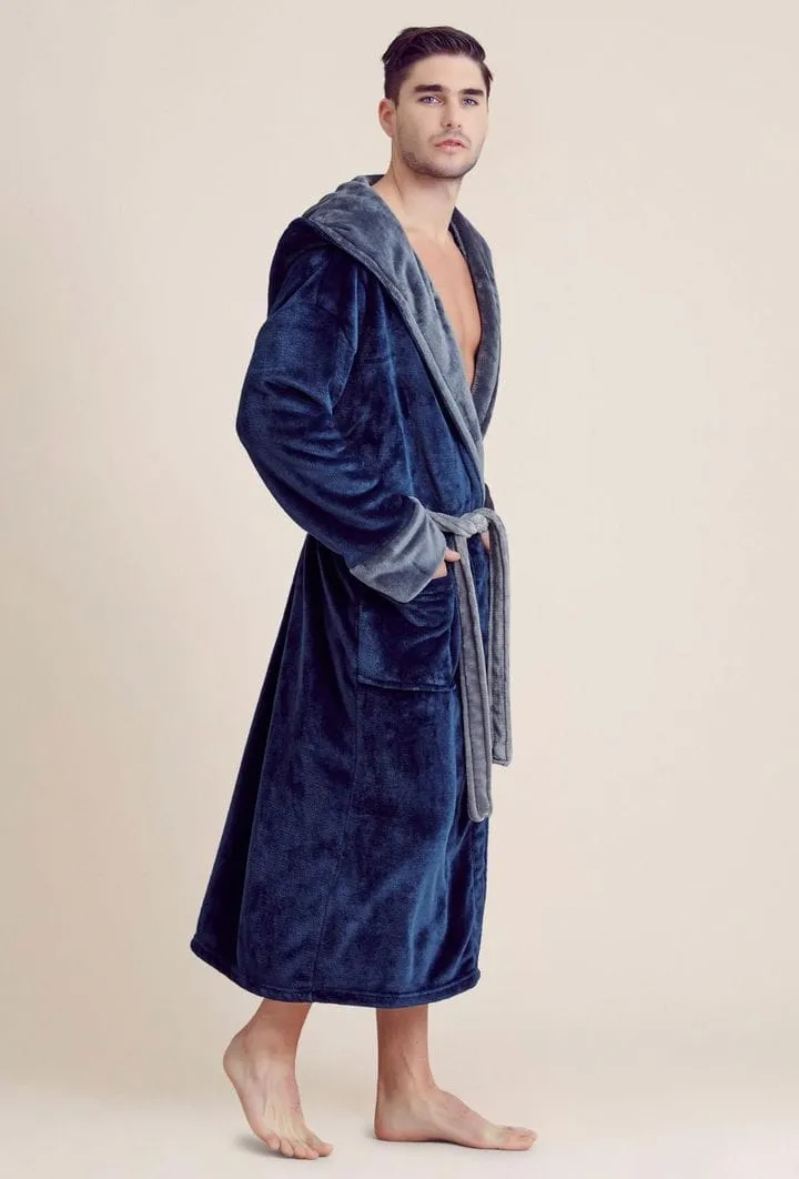 Men Plush Shawl Collar Robe, Fluffy Spa Robes, Winter Warm House & Hotel Robes (Blue & Gray)