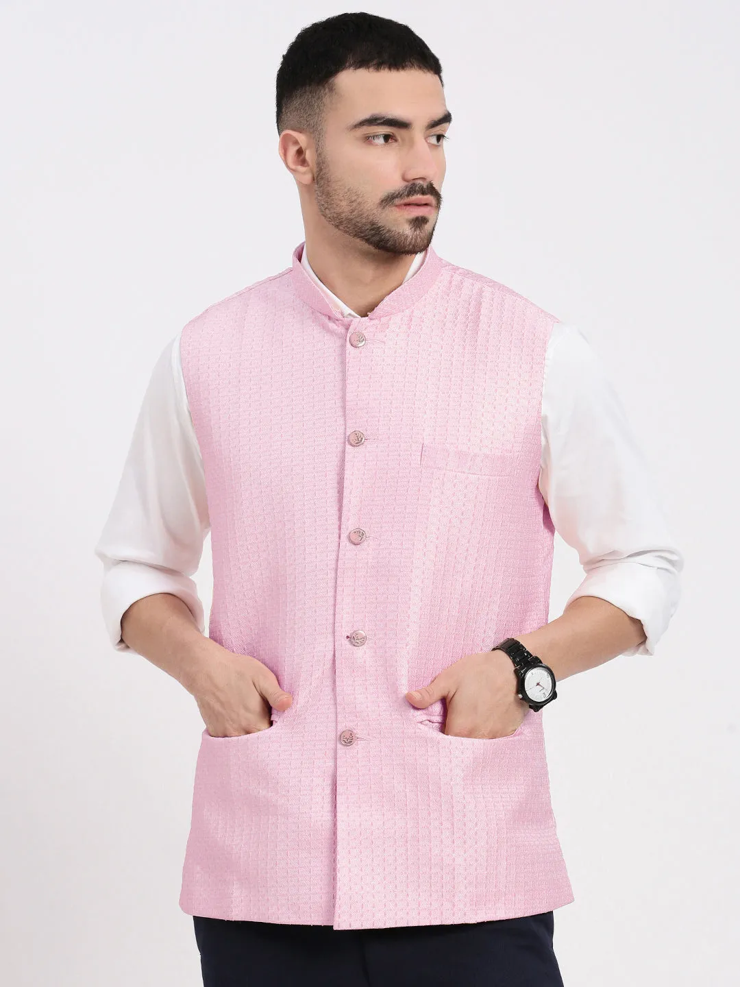 Men Solid Pink Nehru Jacket