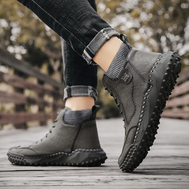 Men Warm Casual Thick-Soled High-Top Leather Plus Velvet Boots