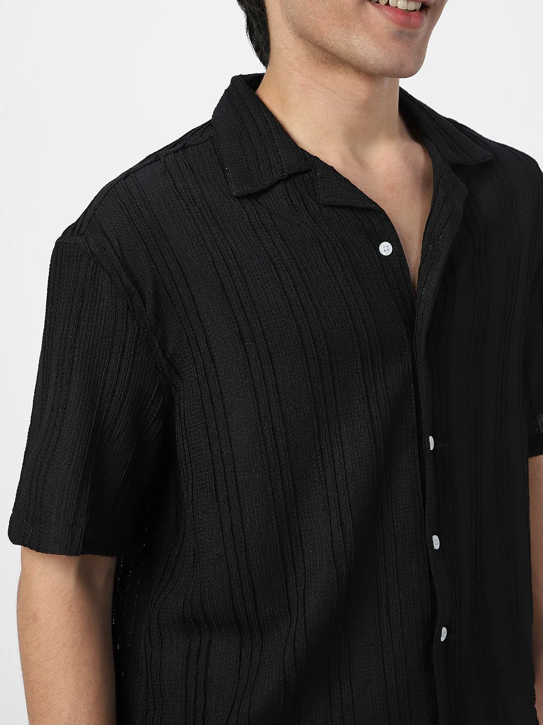 Men's Black Cotton Half Sleeve Oversized Fit Textured Shirt with Cuban Collar