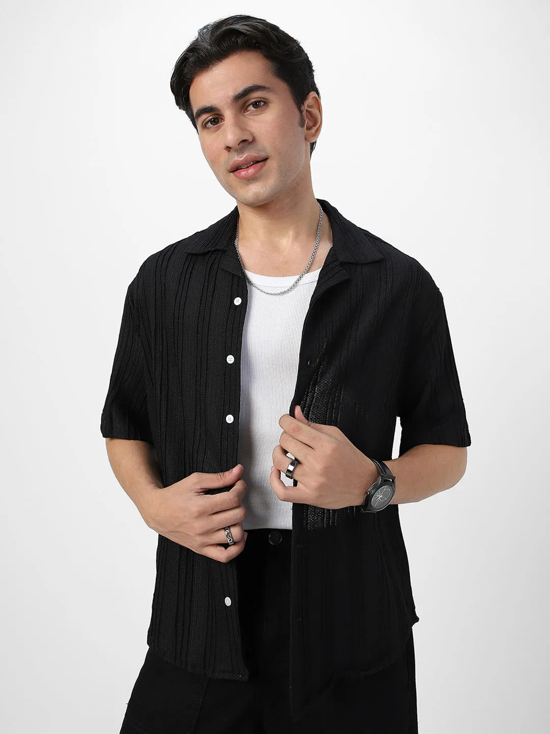 Men's Black Cotton Half Sleeve Oversized Fit Textured Shirt with Cuban Collar