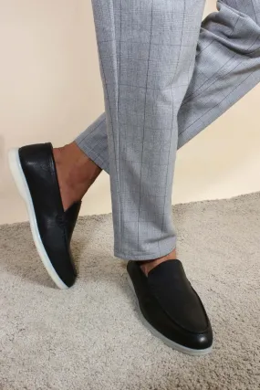 Men's Black Leather Slip-On Loafers with White Sole - Wessi