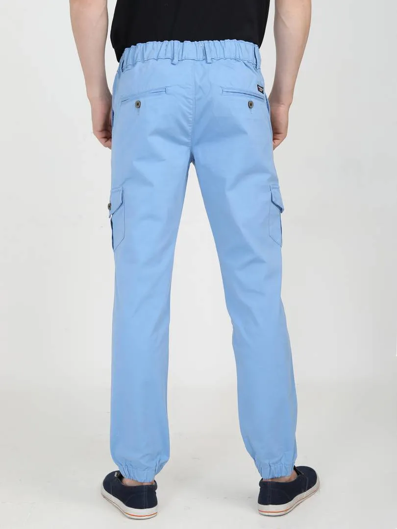 Men's Blue Cotton Mid-Rise Solid Cargos