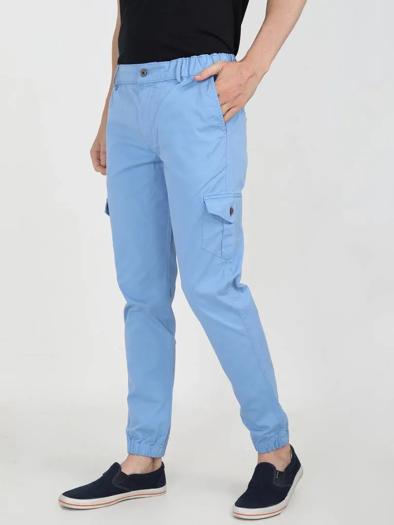 Men's Blue Cotton Mid-Rise Solid Cargos