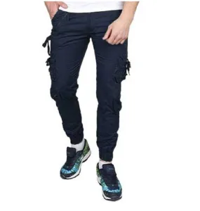 Men's Blue Solid Cotton Dori Style Cargo Pants