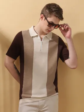 Men's Brown Colorblocked Spread Collar Half Sleeves T-shirt