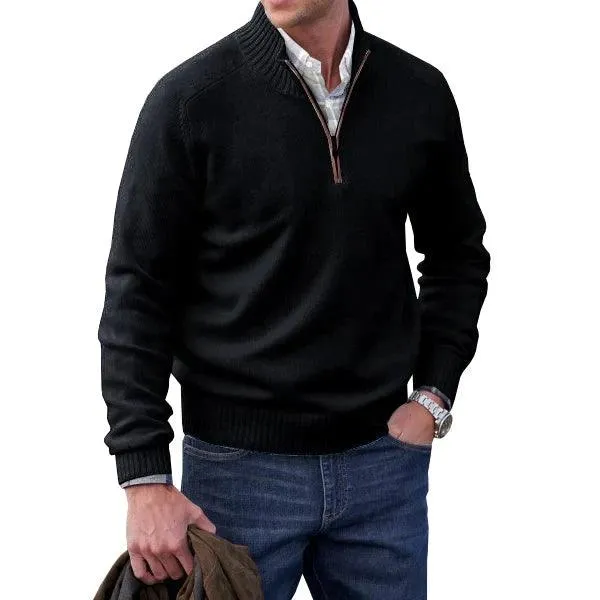 Men’s Cashmere Half-Zip Turtleneck Sweater–Warm Fleece-Lined Pullover for Winter
