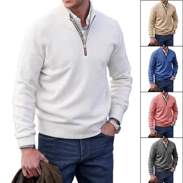 Men’s Cashmere Half-Zip Turtleneck Sweater–Warm Fleece-Lined Pullover for Winter