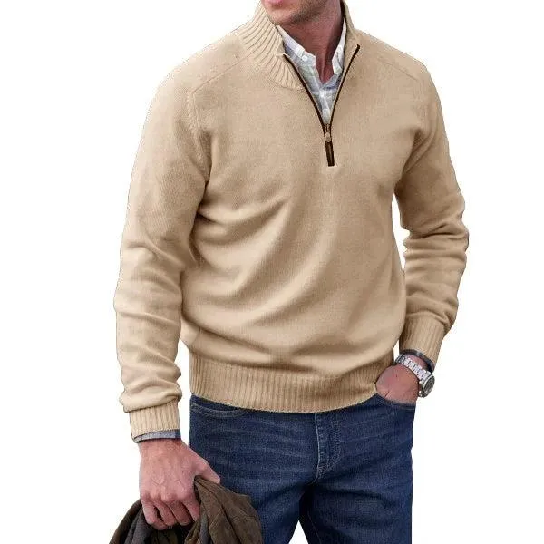 Men’s Cashmere Half-Zip Turtleneck Sweater–Warm Fleece-Lined Pullover for Winter