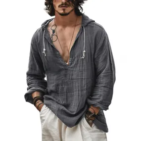 Men's Casual Cotton Linen Thin V-neck Loose Hoodie 49061287M