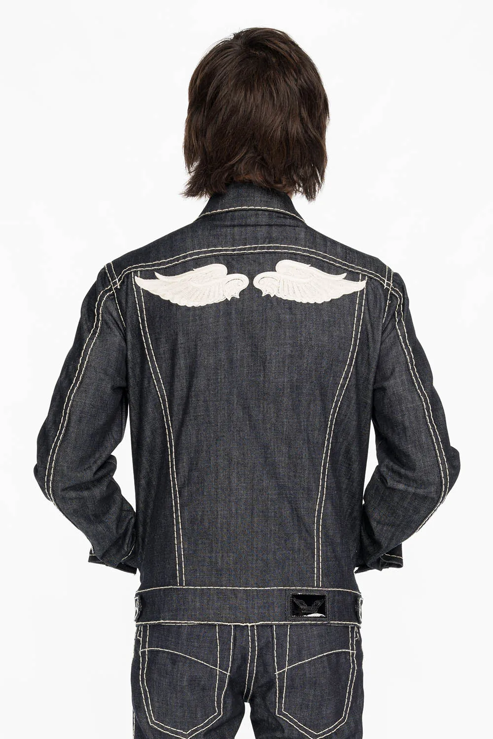 MENS DENIM JACKET IN RAW DENIM WITH HEAVY NATURAL WHITE STITCHING AND EMBROIDERED WINGS