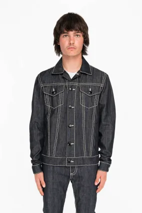 MENS DENIM JACKET IN RAW DENIM WITH HEAVY NATURAL WHITE STITCHING AND EMBROIDERED WINGS