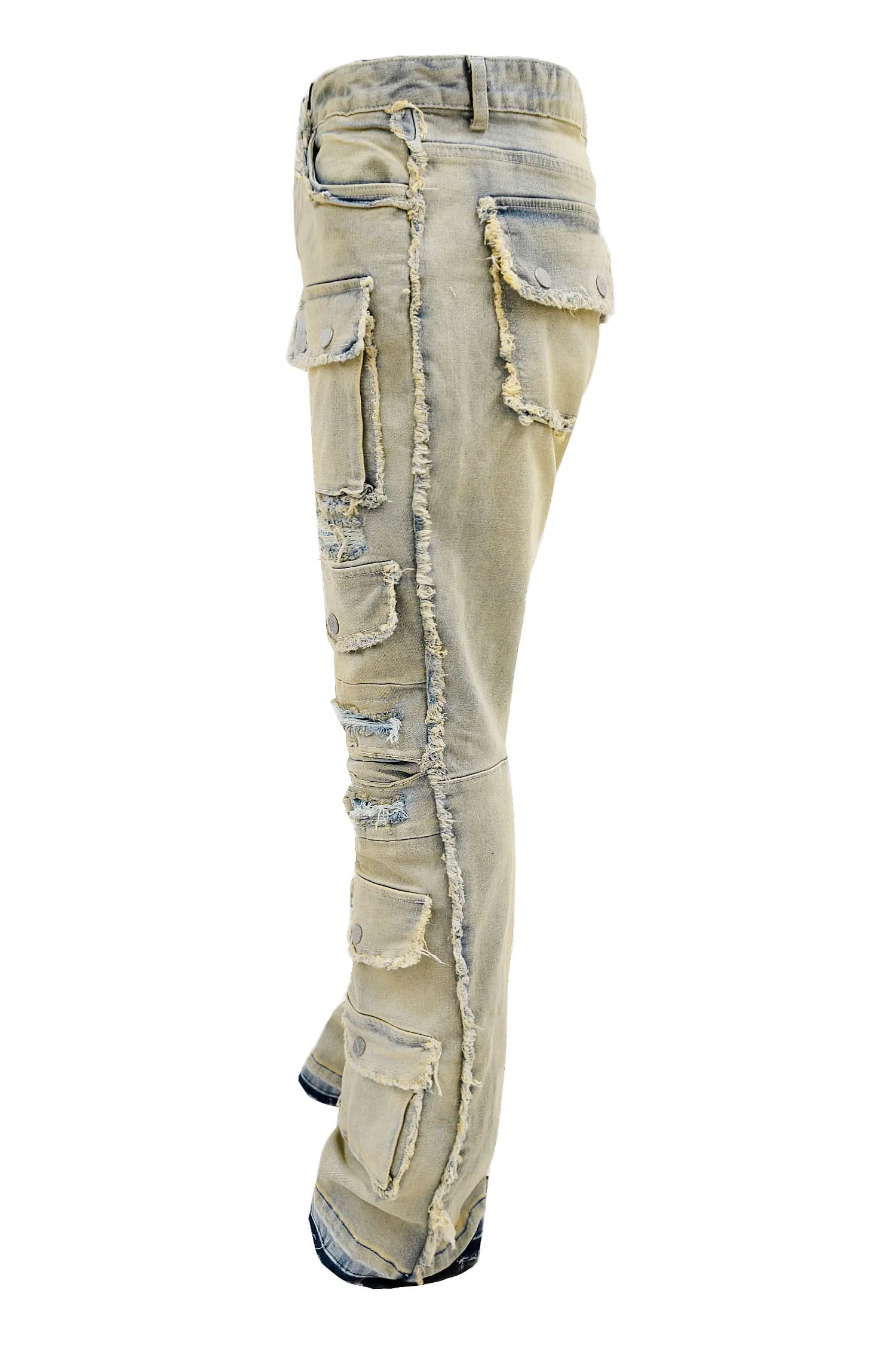 Men's Distressed Edge Cut Slim Stack Flared Cargo Jeans