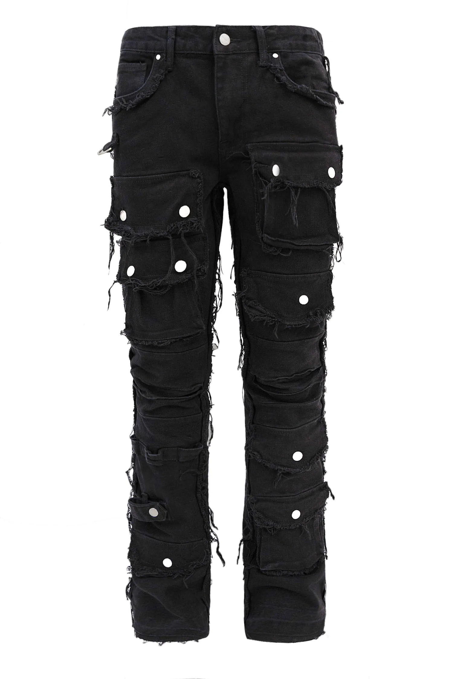 Men's Distressed Edge Cut Slim Stack Flared Cargo Jeans