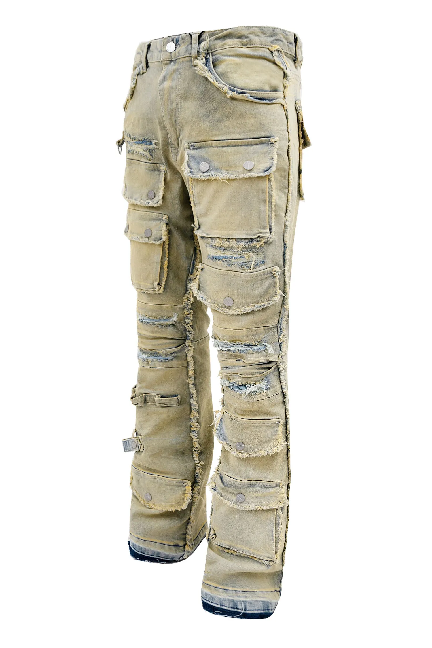 Men's Distressed Edge Cut Slim Stack Flared Cargo Jeans