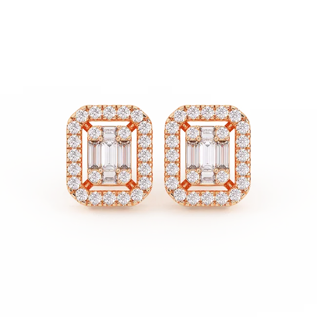 Men's Emerald-Shaped Baguette & Round-Cut Diamond Stud Earrings 0.66ct 14K Gold