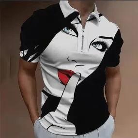 Mens Fashion Casual Graphic Print Polo Half Zipper Polo Shirt