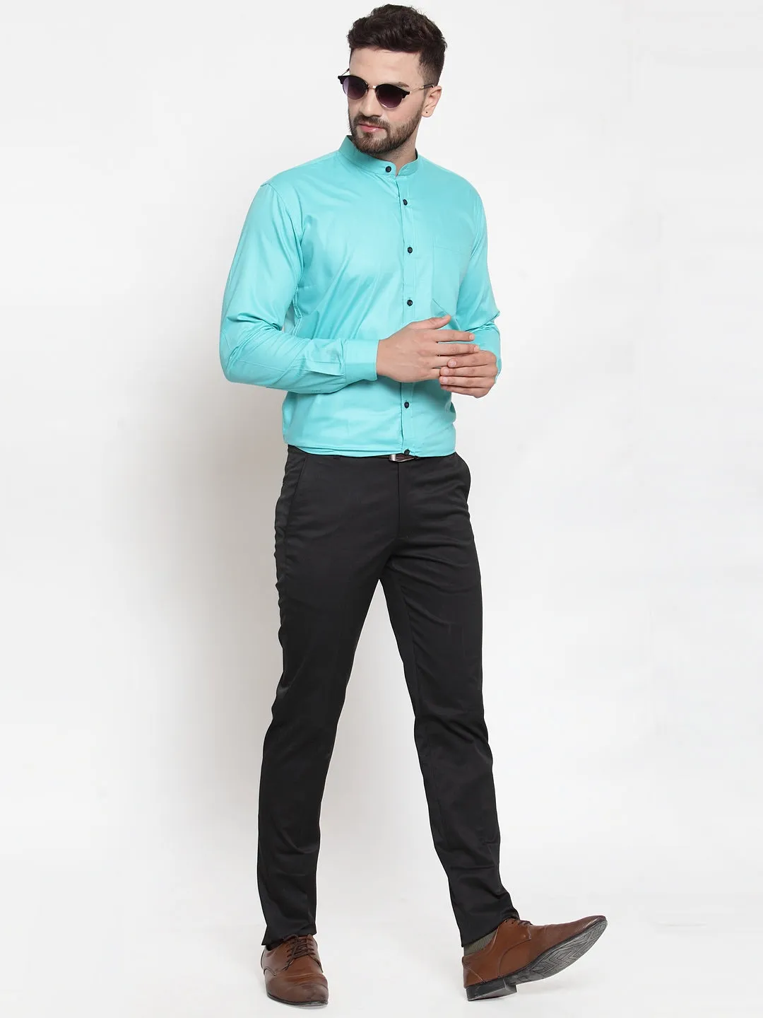 Men's Green Cotton Solid Mandarin Collar Formal Shirts ( SF 726Aqua ) - Jainish