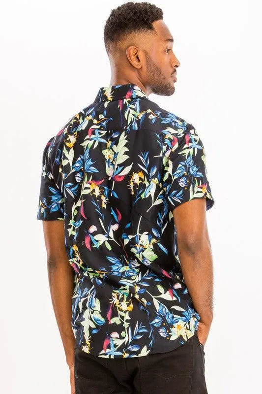 Mens Hawaiian Print Button Down Shirt Multi