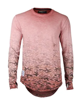 Men'S Long Sleeve Camouflage Longline Round Bottom Oil Wash T-Shirts