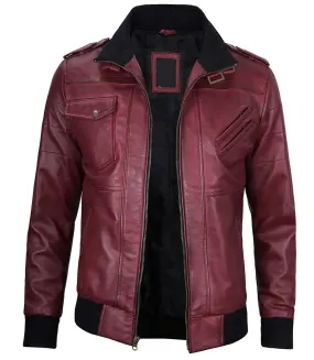 Mens Maroon Leather Jacket with Removable Hood