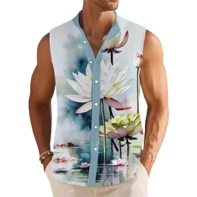 Men's Printed Breathable Linen Lapel Sleeveless Shirt 04614688YM