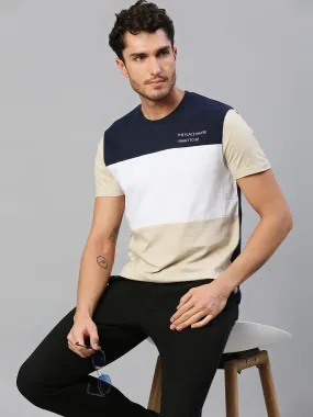 Men's Pure Cotton Color Block Half Sleeves Crew Neck T-Shirt (White)