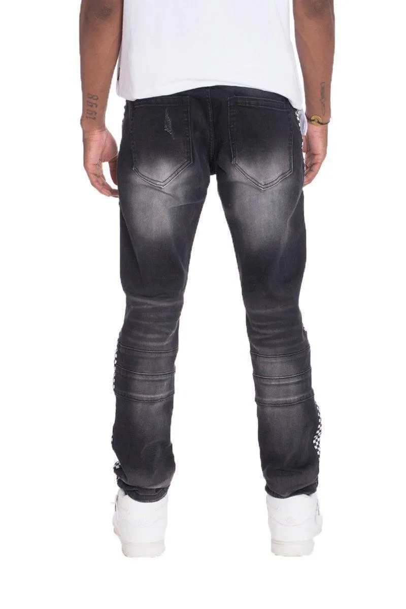 Mens Racer Stripe Black Denim Jeans Faded Wash