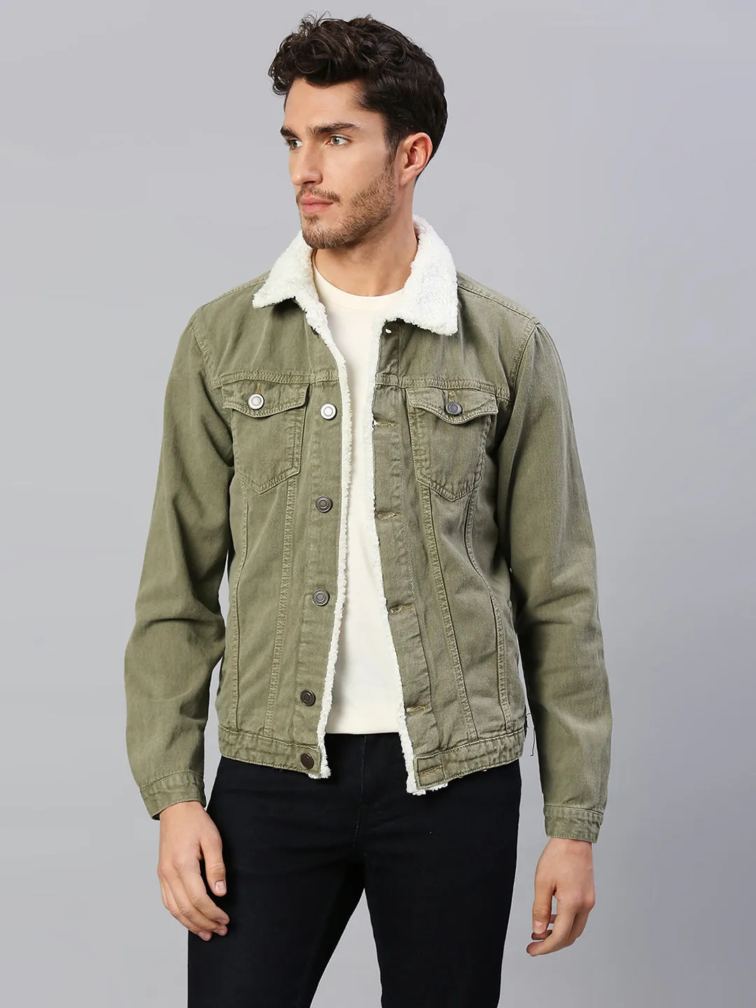 Men's Regular Fit Long Sleeve Button Down Fur Collar Denim Jacket Winterwear Shearling Jacket (Dark Olive)