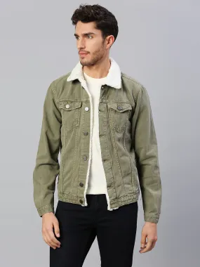 Men's Regular Fit Long Sleeve Button Down Fur Collar Denim Jacket Winterwear Shearling Jacket (Dark Olive)