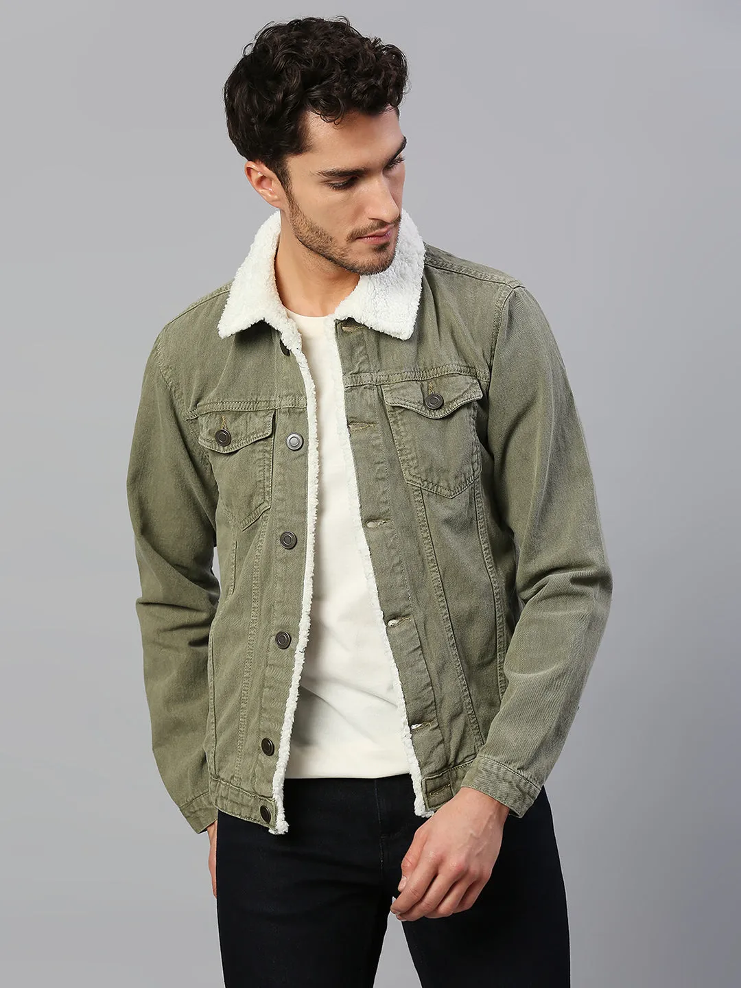 Men's Regular Fit Long Sleeve Button Down Fur Collar Denim Jacket Winterwear Shearling Jacket (Dark Olive)