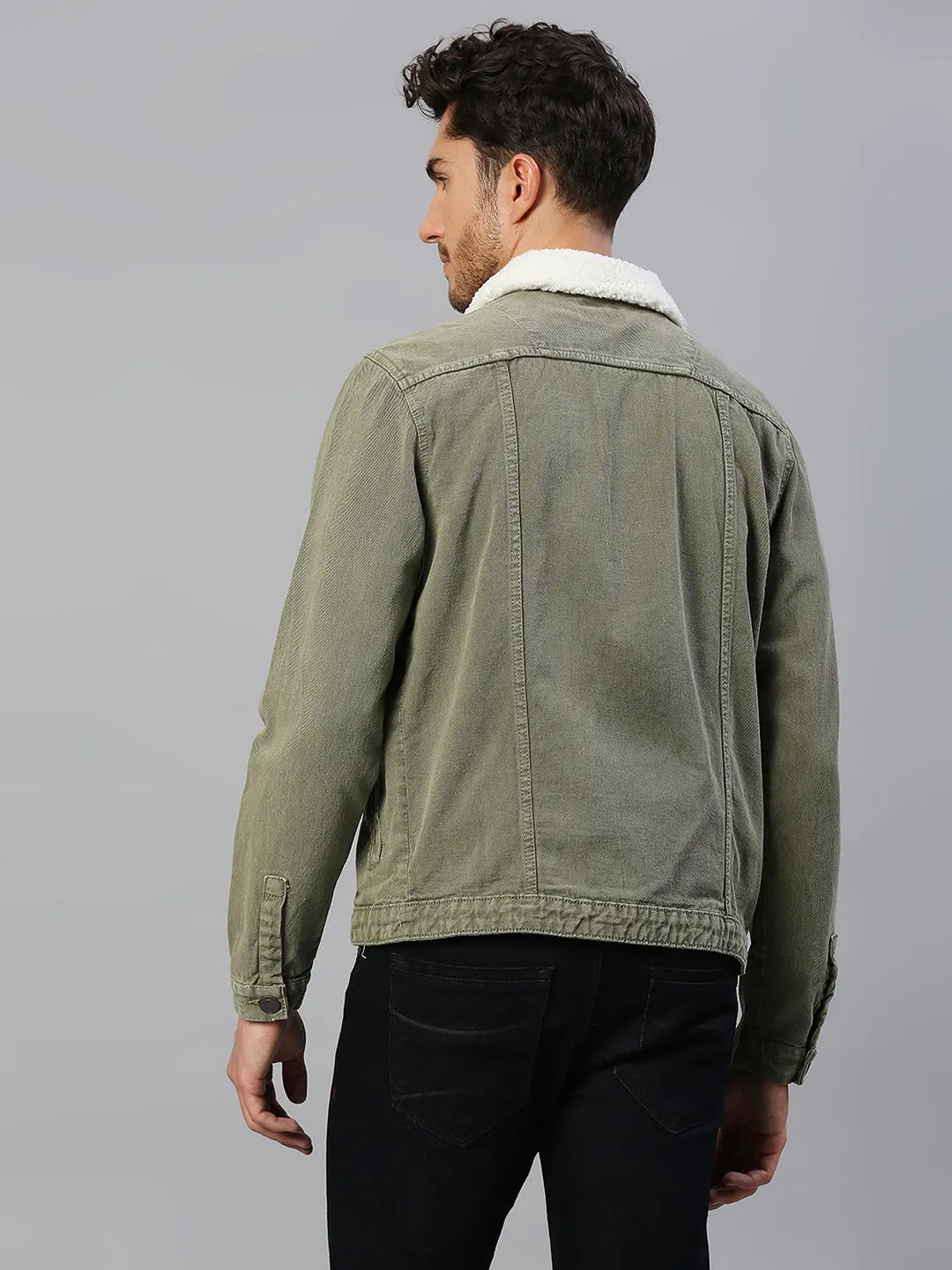 Men's Regular Fit Long Sleeve Button Down Fur Collar Denim Jacket Winterwear Shearling Jacket (Dark Olive)