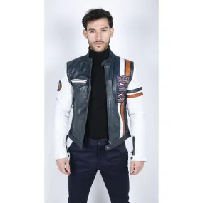 Mens Retro Vintage Navy Blue White Real Leather Biker Jacket Badge Design Casual
