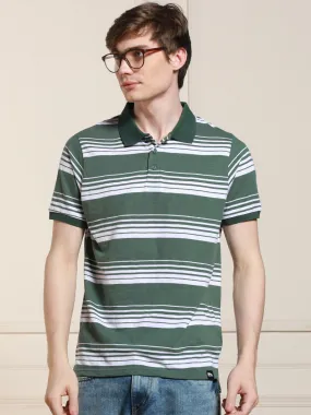 Men's Sage green Striped Polo Collar Half Sleeves Casual T-Shirt