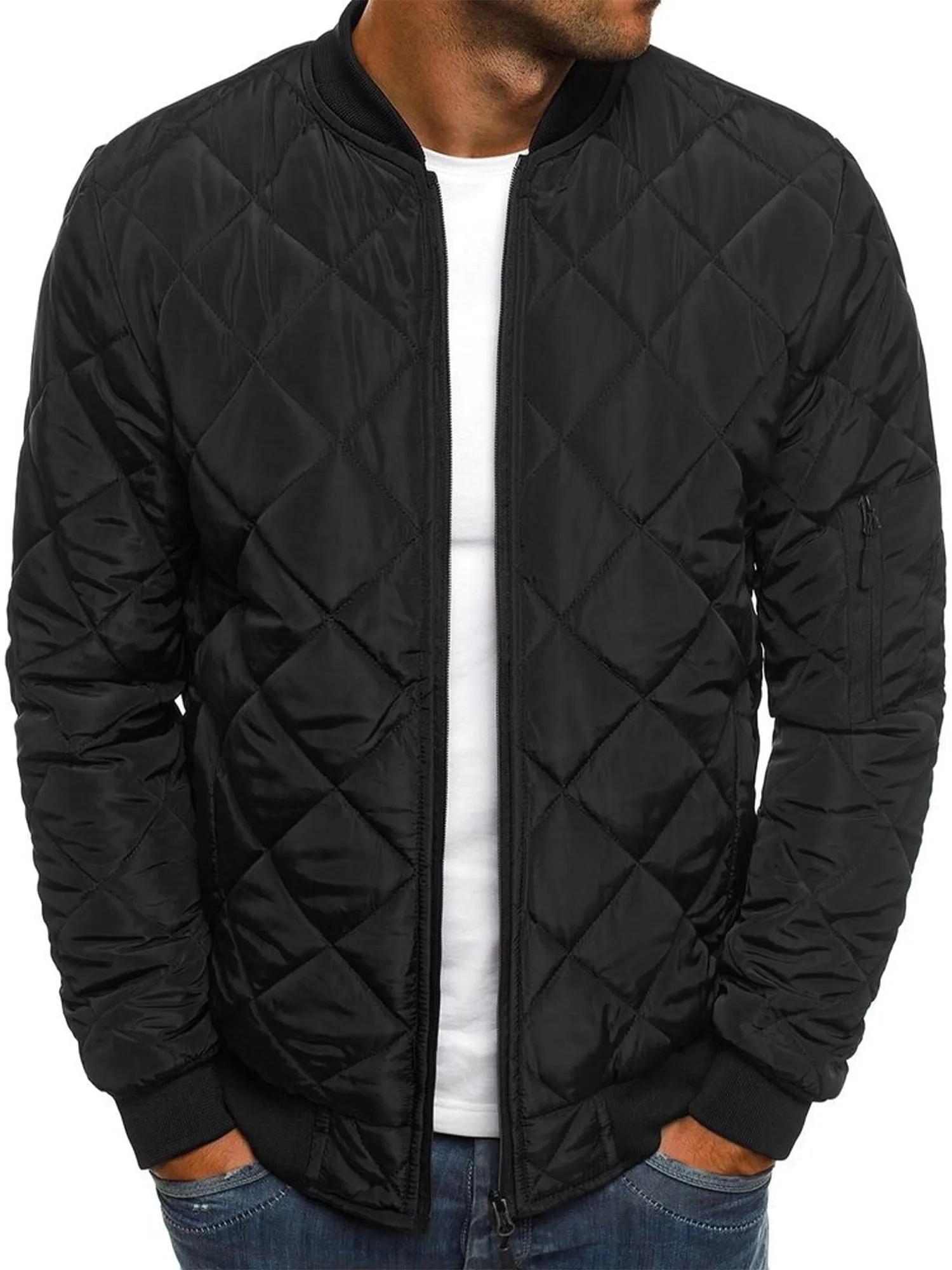 Men's Stylish Rhombus Diamond Quilted Bomber Jacket Windbreaker Softshell Flight Jackets Fall Winter Coats Outwear